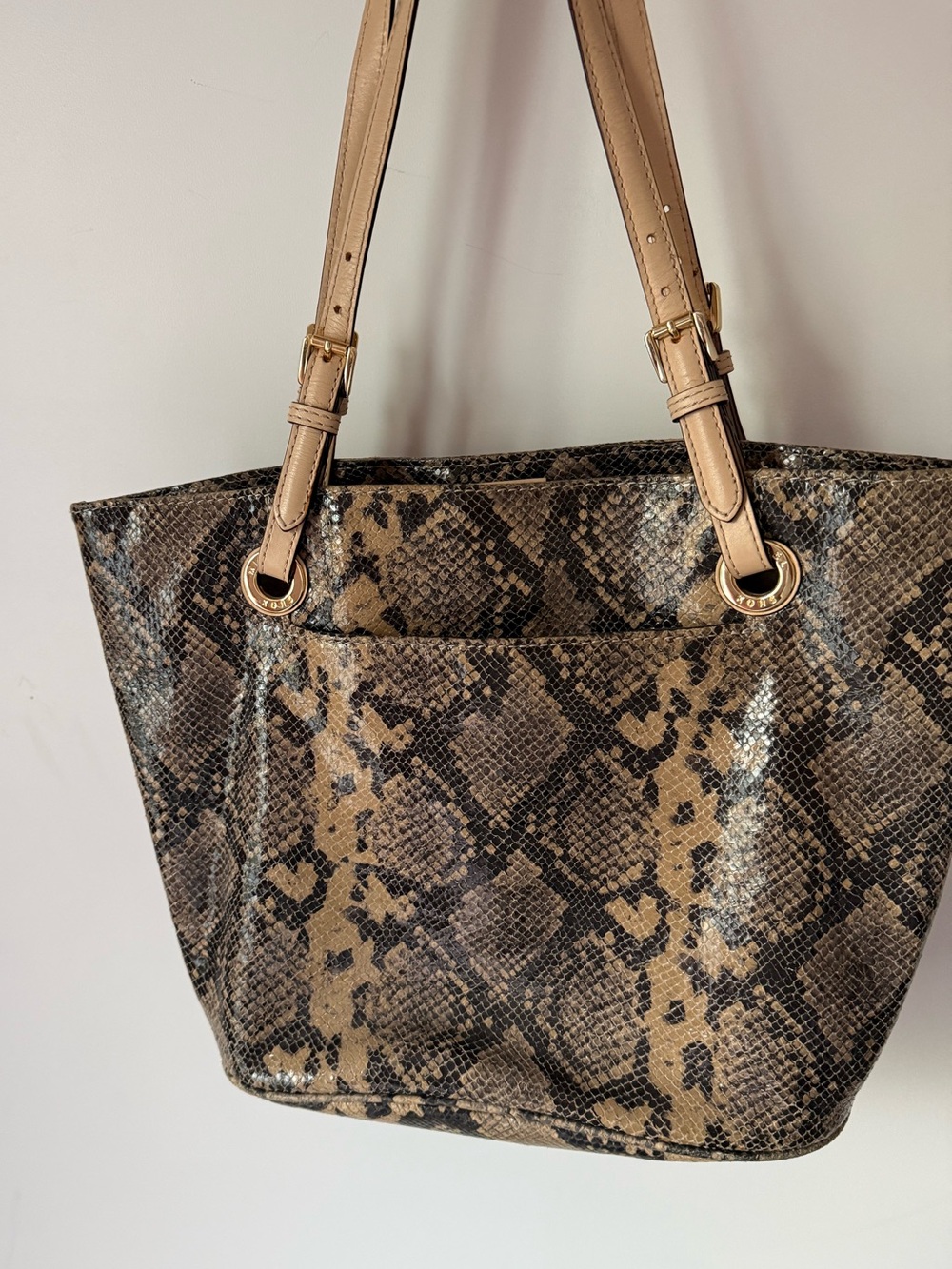 MICHAEL Michael Kors Snake-Print Tote in Beige and Black with Gold Hardware
